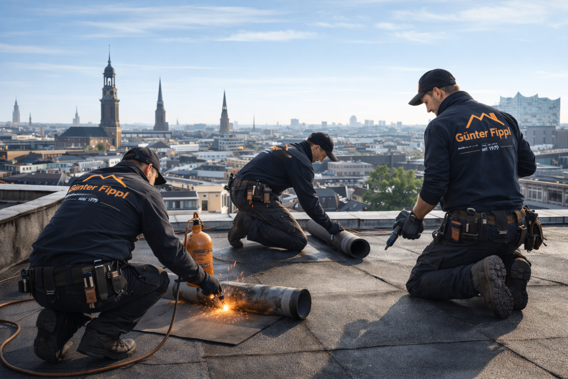 Fippl Dachtechnik Team bei Klempnerarbeiten über den Dächern Hamburgs